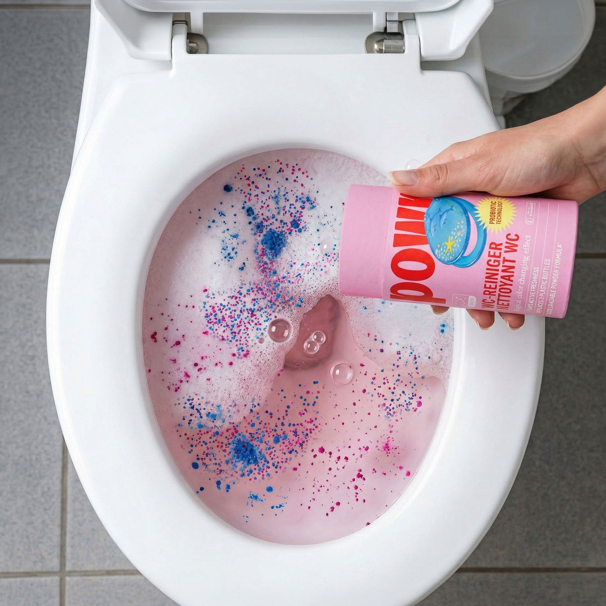 Strooi het poeder in het toilet
